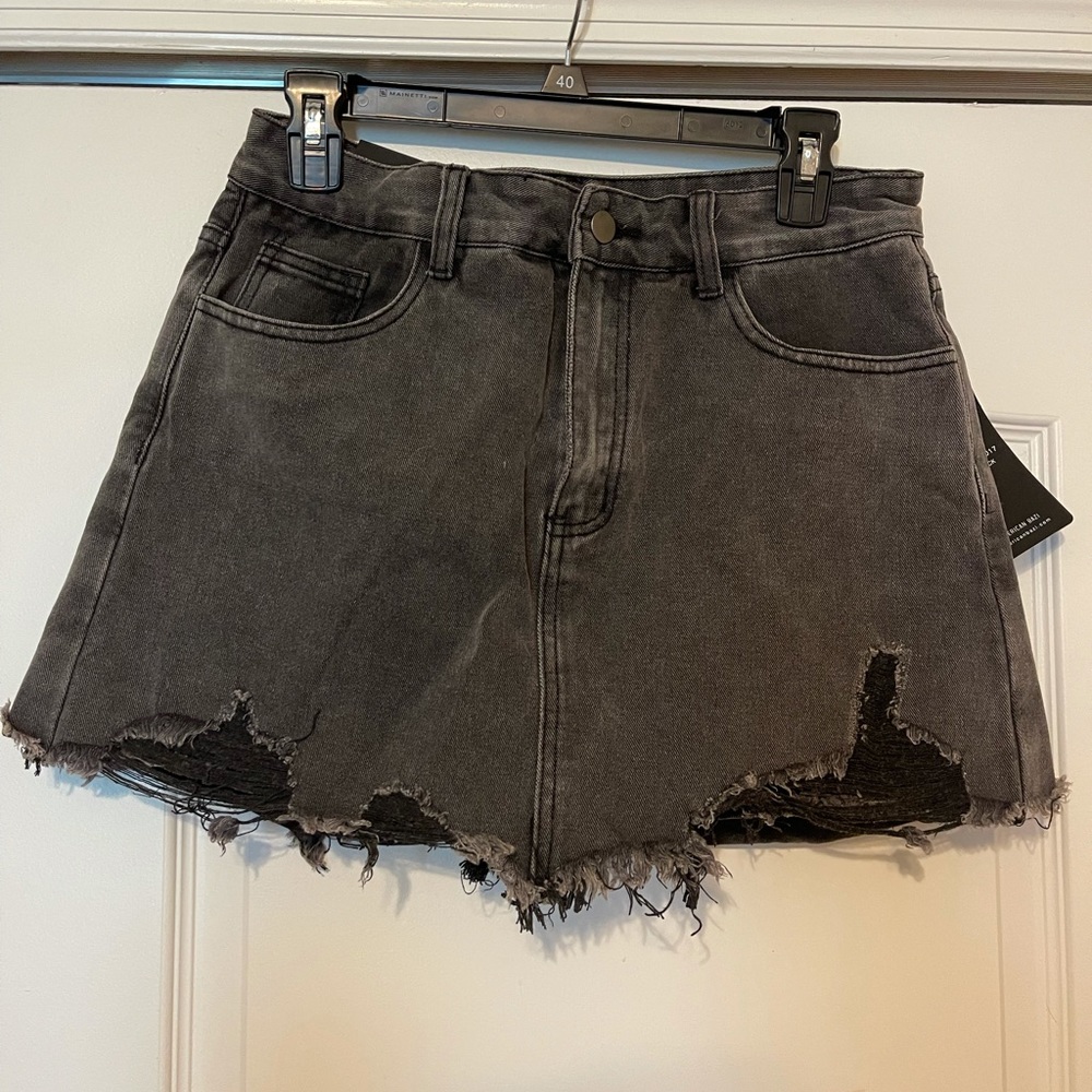 Distressed Black Denim Mini Skort
